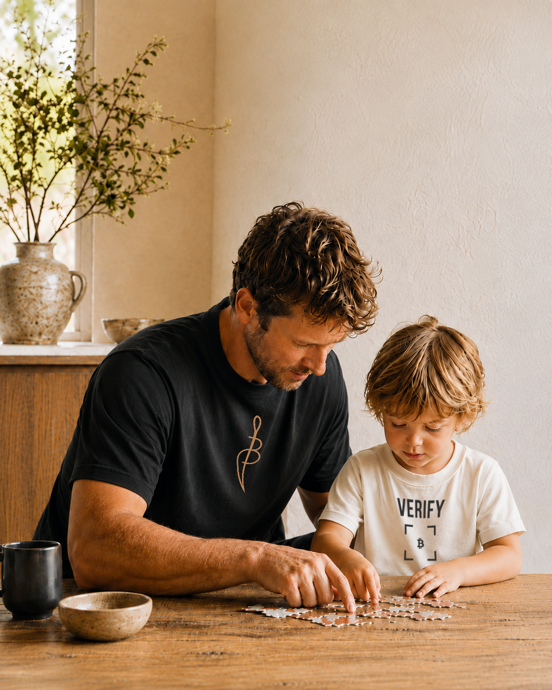 Man and young boy assembling a puzzle while wearing Proof of Wear Signature Stitch and Verify T-shirts